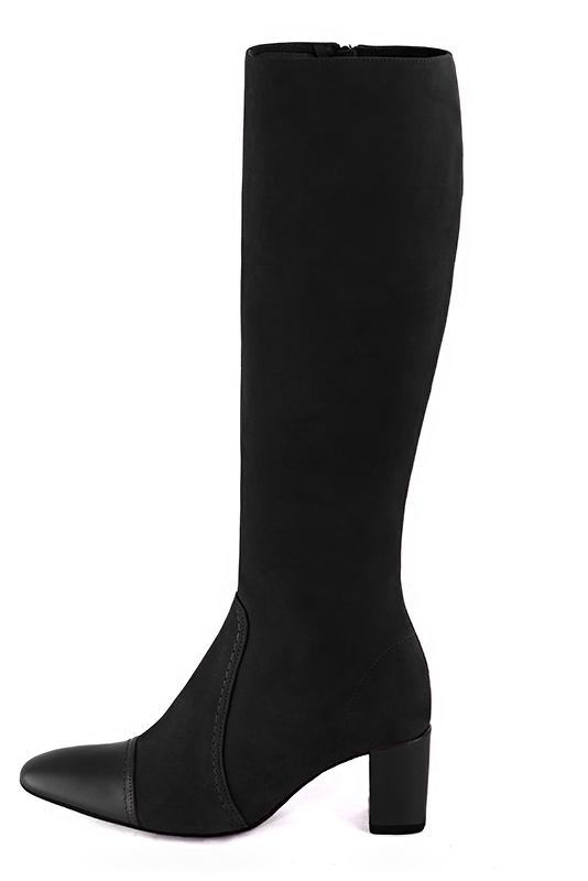 Satin black women's feminine knee-high boots. Round toe. Medium block heels. Made to measure. Profile view - Florence KOOIJMAN